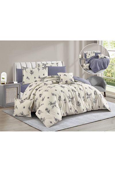 Levore Livory 8-Piece Comforter Set 100% Cotton Soft Floral Reversible Double Duvet System Heavy Fill Evelyne-049