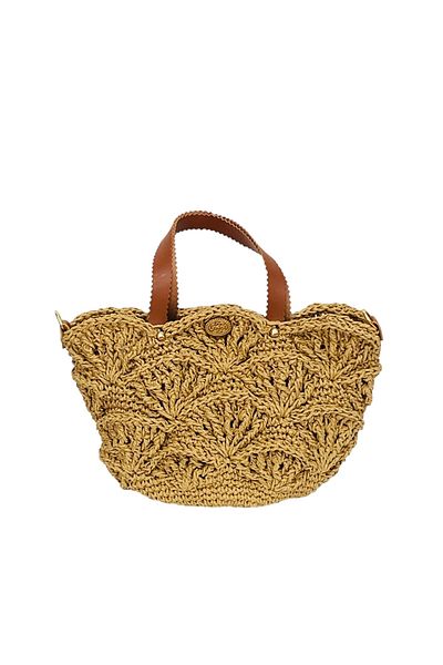 Honorius Women's Hand Knitted Handmade Paper Thread Patterned Leather Handle Hand Shoulder Bag Beige