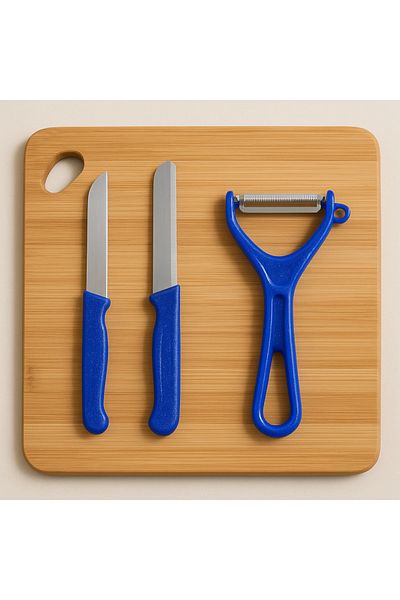 Saban Horizontal Blade Vegetable and Fruit Peeler and Knife Blue Solingen Set of 3