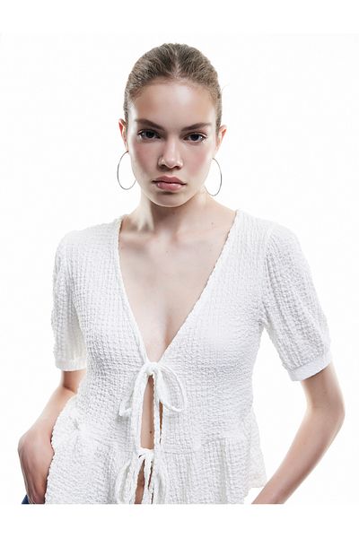 Koton Short Sleeve Tie Collar Bow Tie T-Shirt