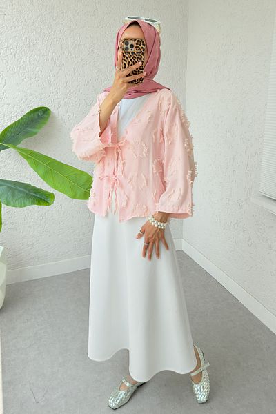 Salih Çelebi Patch Ripped Detailed Kimono 2330 - Powder