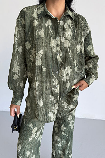 Ladima Women's Green Leaf Effect Crinkle Shirt Pants Bottom Top Set