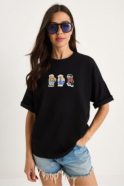 Bianco Lucci Women's Teddy Embroidered Crew Neck Cotton T-Shirt 60602064
