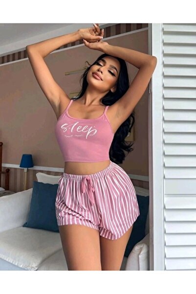 Genel Markalar Kadın pembe çizgili desen Askılı Şortlu Pijama Takım 5002
