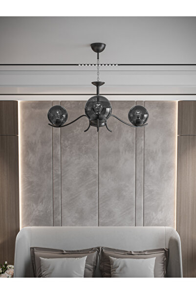 avizade Merla 3'Lü Siyah Kasa Füme Camlı Avize | Modern Salon Sarkıt Aydınlat...