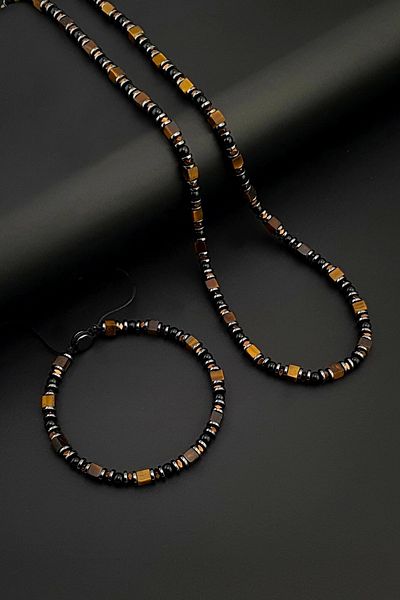 Seven Art Jewelry Natural Stone Necklace, Cube Tiger Eye, Agate Stone and Hematite Stone Necklace & Bracelet Set