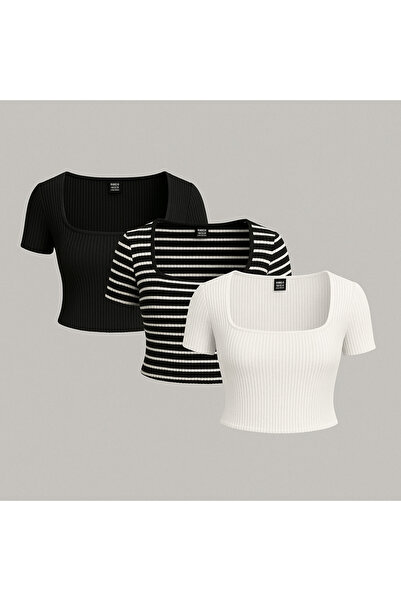 ÖZ PAMUK Tricou de damă, 3 piese, negru, din bumbac, tricotat, cu gât pătrat,...