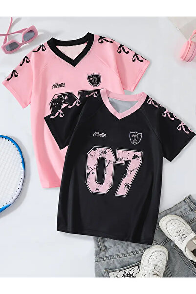 npLStore تي شيرت Vintage V Neck 07 مطبوع بشريط كبير الحجم مكون من قطعتين