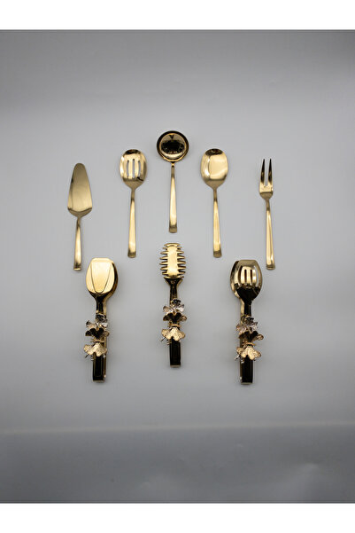 Fiyakalı Ürünler Atölyesi 8-Piece Stainless Steel Gold Colander, Ladle, Shovel, Fork, Spoon, Butterfly Tongs Serving Set, Dowry