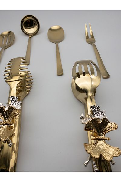 Fiyakalı Ürünler Atölyesi 8-Piece Stainless Steel Gold Colander, Ladle, Shovel, Fork, Spoon, Butterfly Tongs Serving Set, Dowry