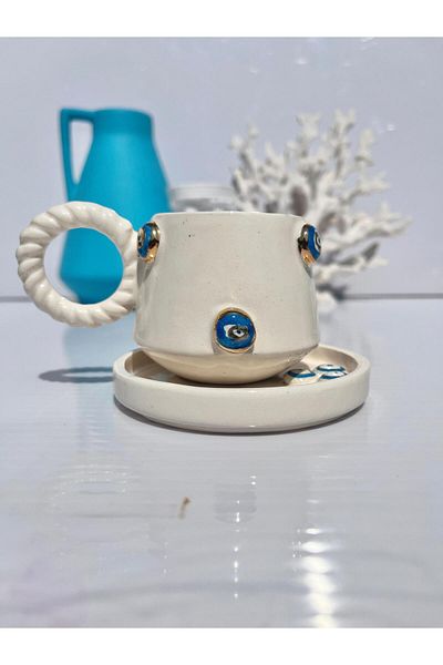 AYLEFE HOBBY Evil Eye Beaded 24K Gold Detailed Ceramic Handmade Mug 150ml