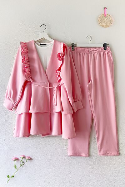 MODAQU Ruffled Rope Belted Tunic Trousers Set - Pink