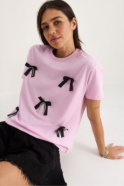Bianco Lucci Women's Satin Ribbon Accessory Stone Detailed T-Shirt 60602011