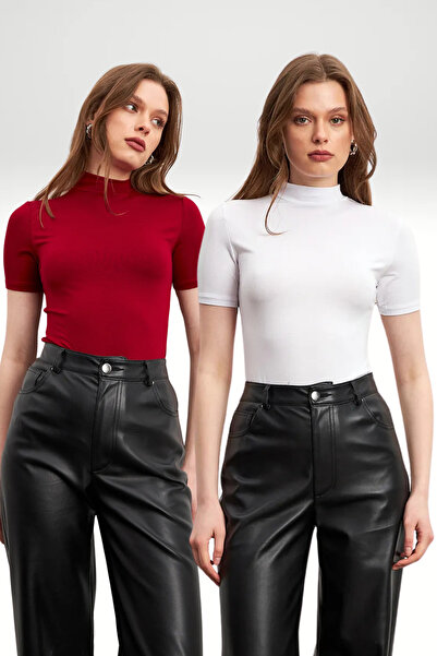 Ladima Γυναικεία μπλούζα με κοντό μανίκι 2 Pack μπορντό λευκό