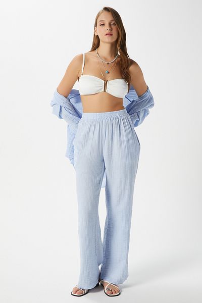Ritnice Women's Maja 100% Cotton Muslin Blue Trousers with Elastic Waist