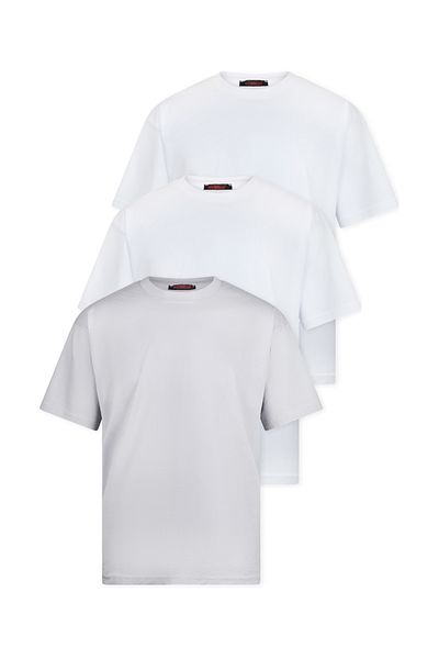 WERRONİ 3-Piece Oversize Massimo Thick Buckle Basic T-Shirt - White - White - Gray