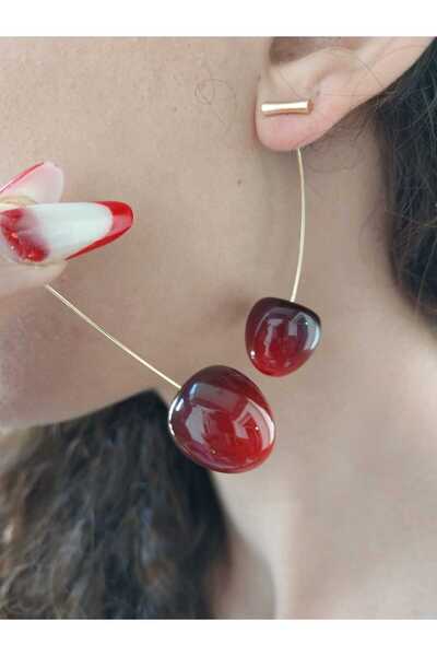 Gönülden Tasarım Steel Red Stone Charm Women's Earrings 6 cm