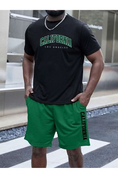 LUNAVISTA Black T-Shirt and Green Shorts - Printed Round Neck Top, T-Shirt and Shorts Set