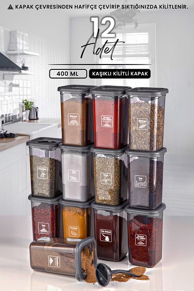NESS HOME Set of 12 Seasoning Shakers with Labels and Lockable Lids with Self-Spoon - Locking Spice Rack Set