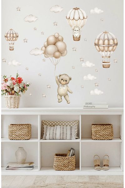 Sim Tasarım Soft Brown Beige Tones Flying Balloon Adventure Kids Room Wall Sticker Set