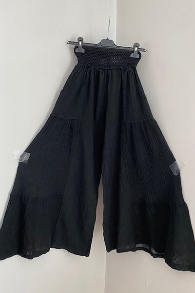 AYASOFYA OTANTIK Women's Black Elastic Waist Pocketed Wide Leg Skirt Trousers with Mesh Detail