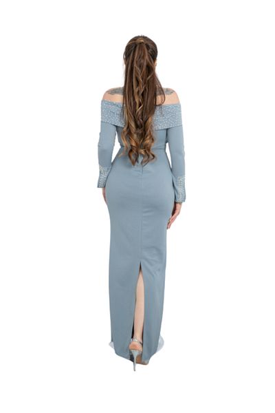 Nice Model Pearl-Embellished Off-Shoulder Evening Gown - Dusty Blue Formal Dress
