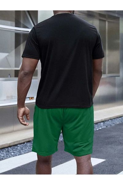 LUNAVISTA Black T-Shirt and Green Shorts - Printed Round Neck Top, T-Shirt and Shorts Set