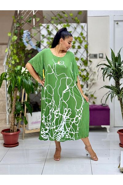 Punta Otantik Vl2110 Printed Half Sleeve Voile Dress Khaki