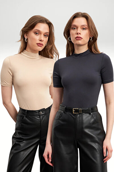 Ladima بلوزة نسائية بأكمام قصيرة من الكريمة أنثراسايت مكونة من قطعتين