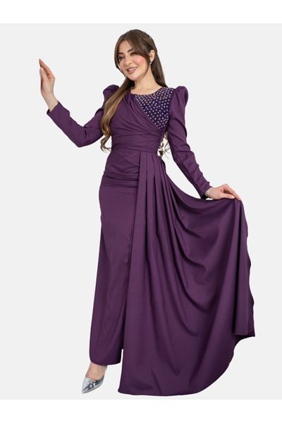 Nice Model Elegant Purple Maxi Dress with Sequin Details & Long Sleeves - Formal Evening Gown