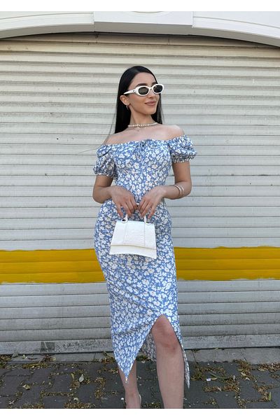 EnterStore Summer Daisy Pattern Watermelon Sleeve Slit Detail Dress