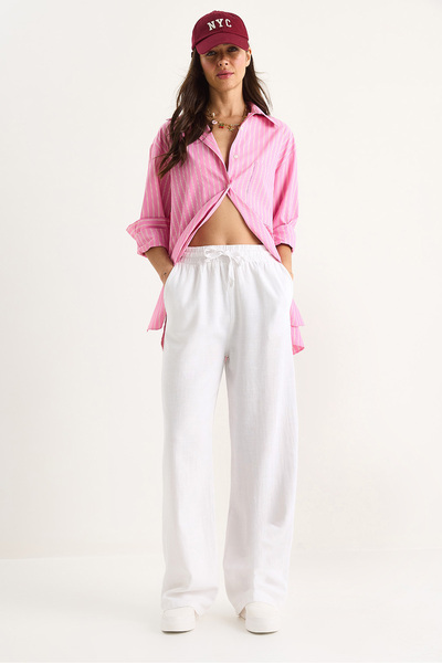 Bianco Lucci Women's Waisted Elastic Pocket Detailed Linen Palazzo Trousers R-6711 60283038