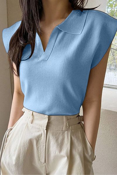 citystyle Bluză de damă cu design elegant, fără mâneci, cu guler polo, croială confortabilă, anti-transpirație, albastru bebeluș