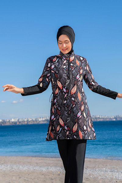 Ruko Maio Women's Leaf Patterned Black Hijab Swimsuit Set – Long Sleeve, Zippered, 3 Pieces