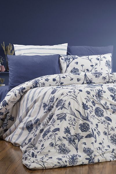 GARDEN ROOM Set cuvertură de pilota dublă cu cearșaf elastic İkra BLUE