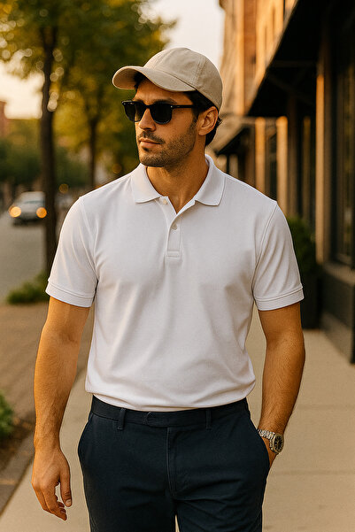 UOMOPARK 2739 CityStyle Honeycomb Polo Collar Βαμβακερό μπλουζάκι κανονικής εφαρμογής