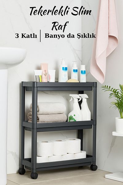 welcomein Slim 3 Tier Rolling Bathroom Organizer - Γκρι πλαστικό ράφι Organizer