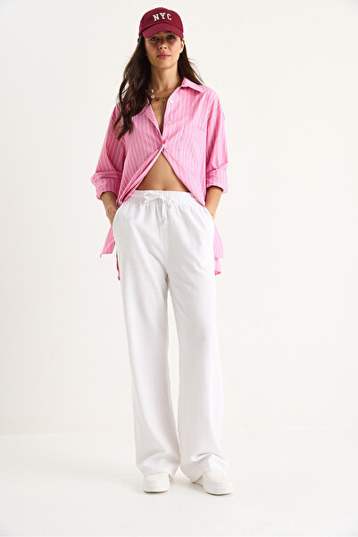 Bianco Lucci Γυναικείο λινό παντελόνι Palazzo με λεπτομέρεια ελαστικής μέσης R-6711 60283038