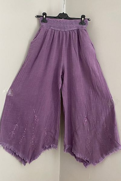 AYASOFYA OTANTIK Women's Purple Feather Pattern Embroidered Elastic Waist Pocket Wide Leg Linen Trousers