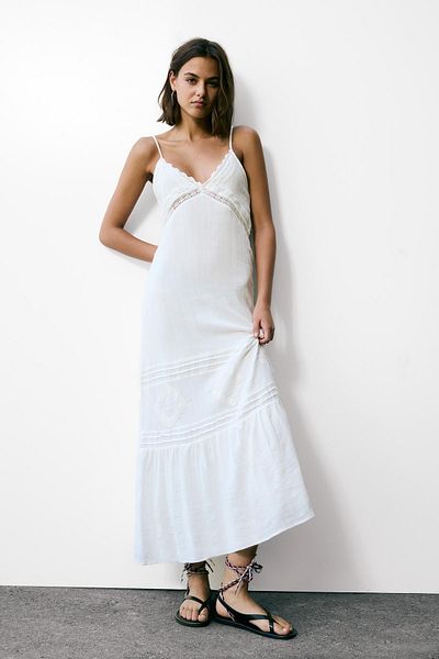 Pull & Bear Long strappy dress with lace trim