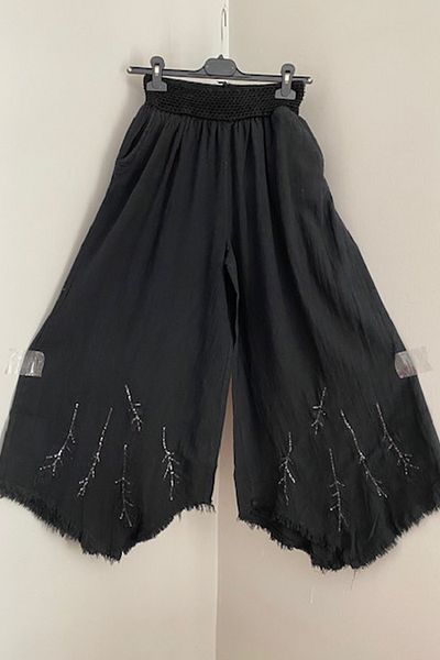AYASOFYA OTANTIK Women's Black Feather Pattern Embroidered Elastic Waist Pocket Wide Leg Linen Trousers