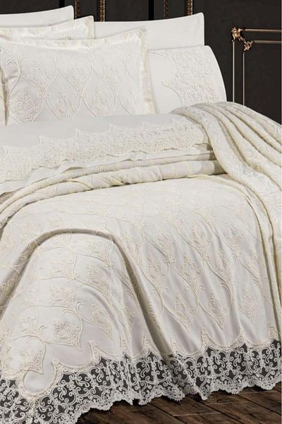 Çeyiz Diyarı Dowry Land Ebru 10 Piece Dowry Set with Blanket Cream