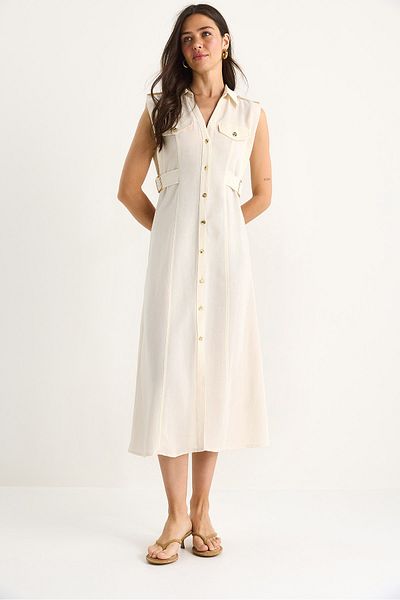 Bianco Lucci Women's Gold Buttoned Waist Detailed Linen Dress 7011 60283421