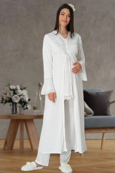 Pelin Women's Ecru Long Sleeve Lace Detailed Maternity Maternity 3-Piece Pajama Set