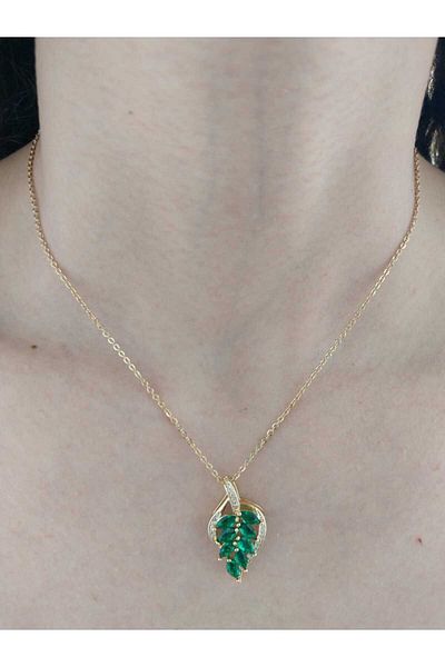 Gönülden Tasarım Steel Green Stone Leaf Women's Necklace 20 cm