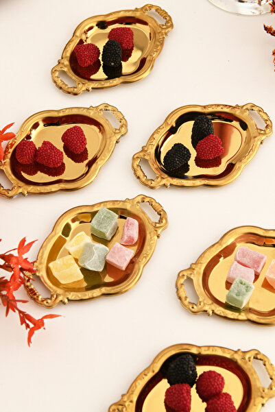 AKSESUAR EVRENİ Cenz's Gold Set of 6 Sugar Bowl Turkish Delight Bowl Snack Bowl Coffee Side Presentation Bowl Decorative Mini Oval Bowl