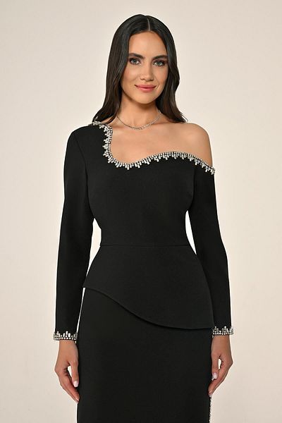 ALFABETA Asymmetrical Cut Top Stone Crepe Midi Evening Dress Alfabeta