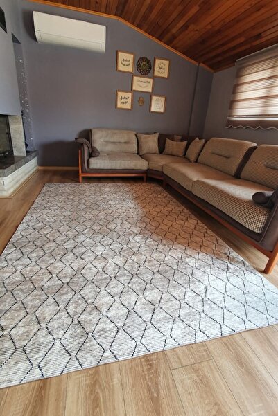 CENTER AVM Gri Halı Salon Halısı Makinede Yıkanabilir Kaymaz Taban Tay Tüyü Halı