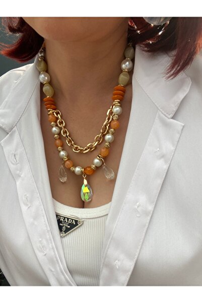 Byoz store Design Pearl Orange Pearl Chain Detailed Necklace Gold Necklace