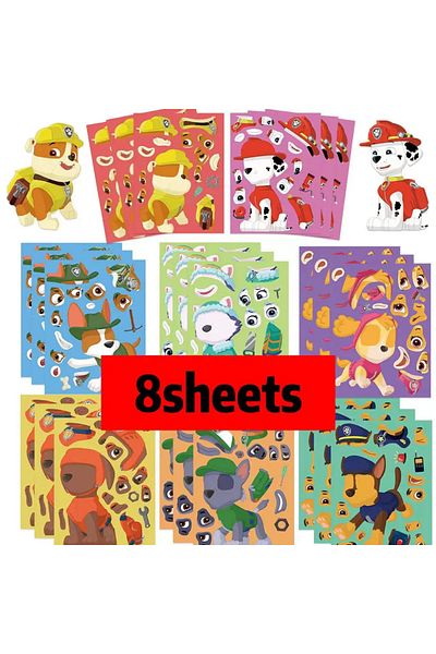 Miniso 8ZD052-8sheets 8/16Sheets PAW Patrol Puzzle Anime Stickers Chase Make-a-Face Assemble Funny Cartoon